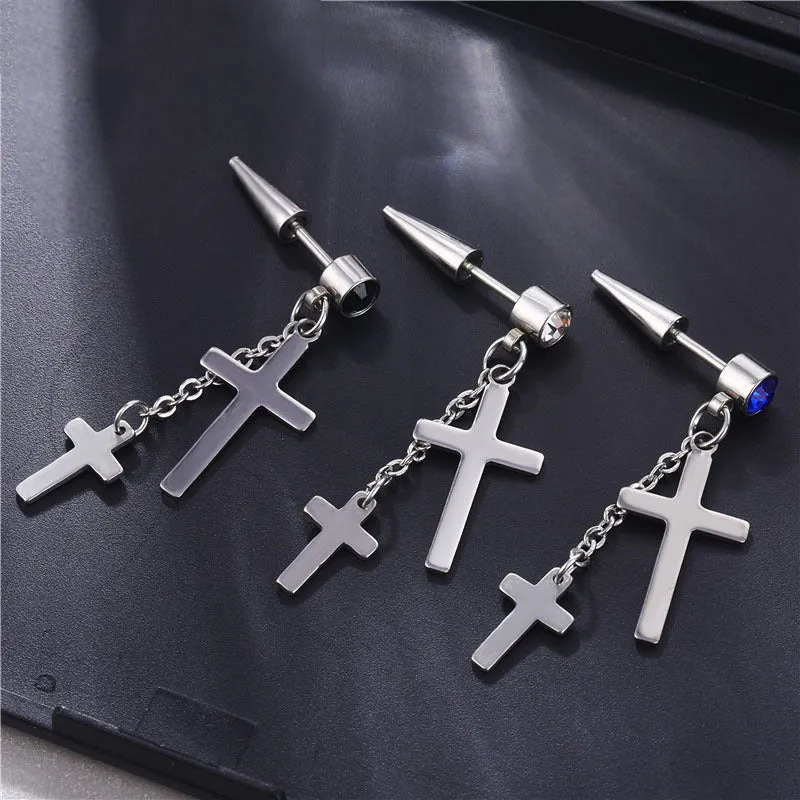 Wholesale Single Titanium Steel Tassel Chain Cross Men's Earrings