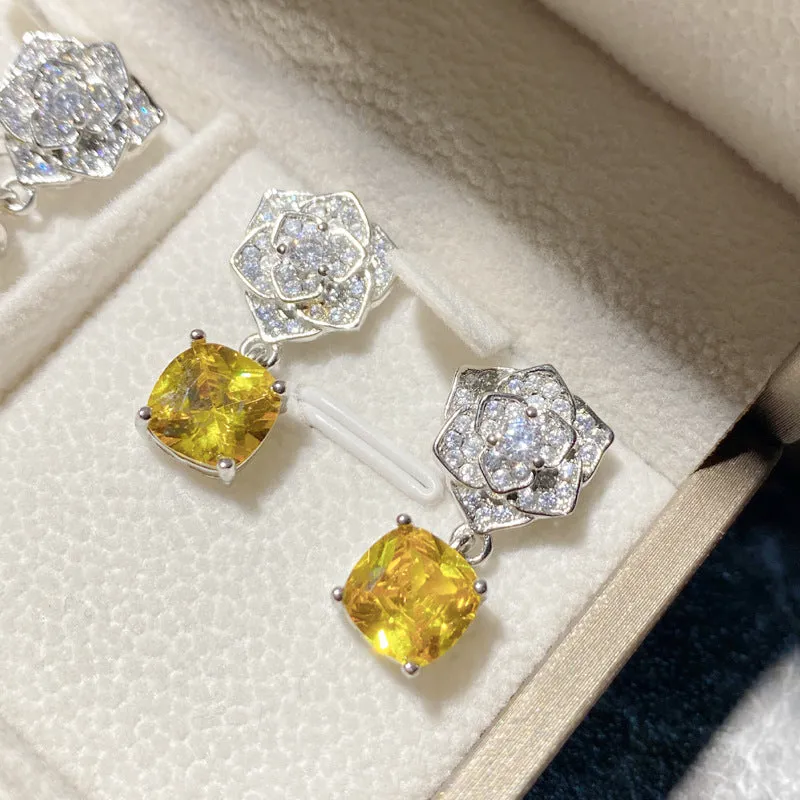 Wholesale Sparkling Rose Blossoms Gemstone Set with 18K Gold Multi Faceted Colorful Treasure Gold Zircon Earrings