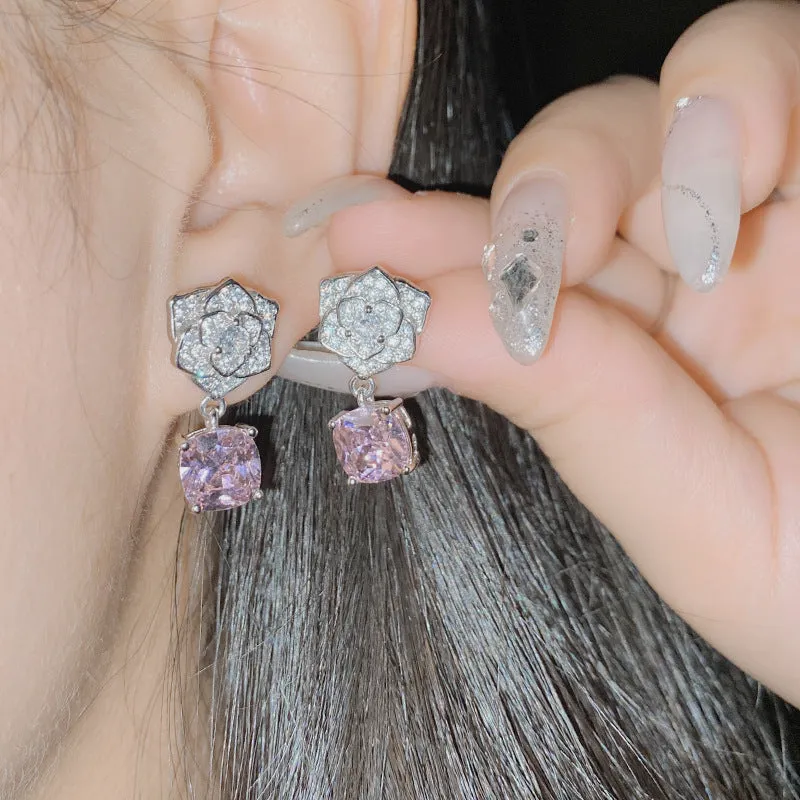 Wholesale Sparkling Rose Blossoms Gemstone Set with 18K Gold Multi Faceted Colorful Treasure Gold Zircon Earrings
