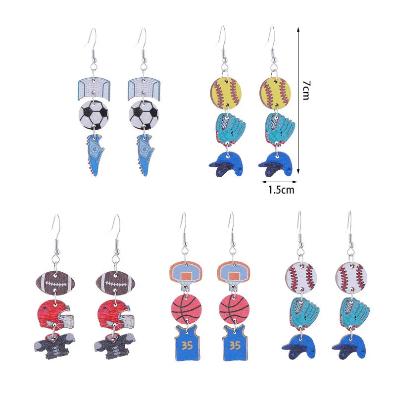 Wholesale Sports Style Baseball, Rugby, Basketball, Football, Long Wooden Earrings
