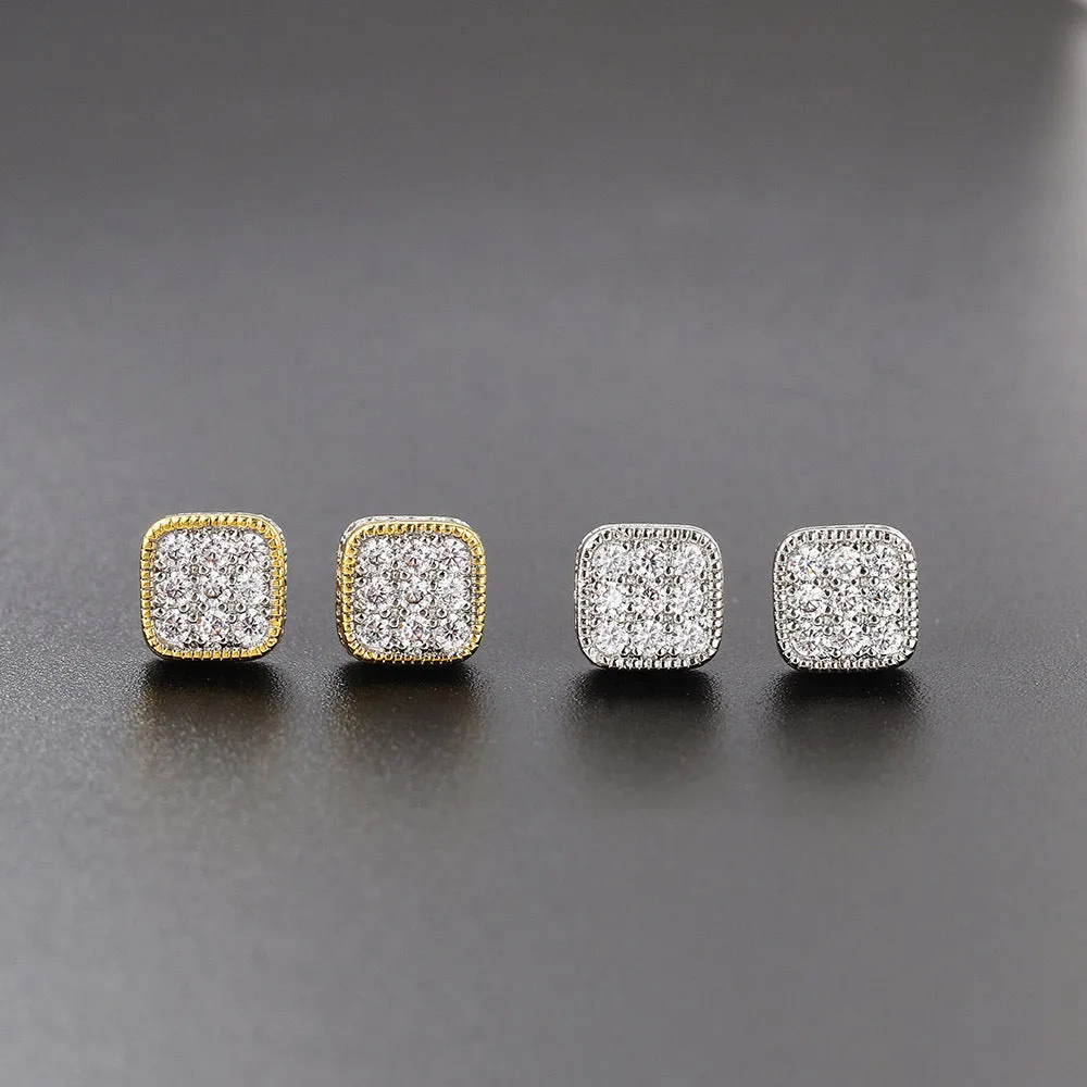 Wholesale Square Hip Hop Full Diamond Zircon Thread Earrings Stud Earrings