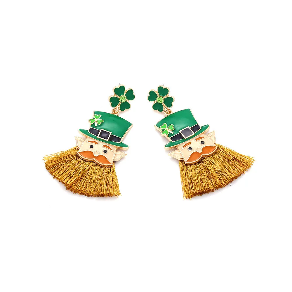 Wholesale St. Patrick's Clover Hat Beard Alloy Oil Drop Diamond Earrings