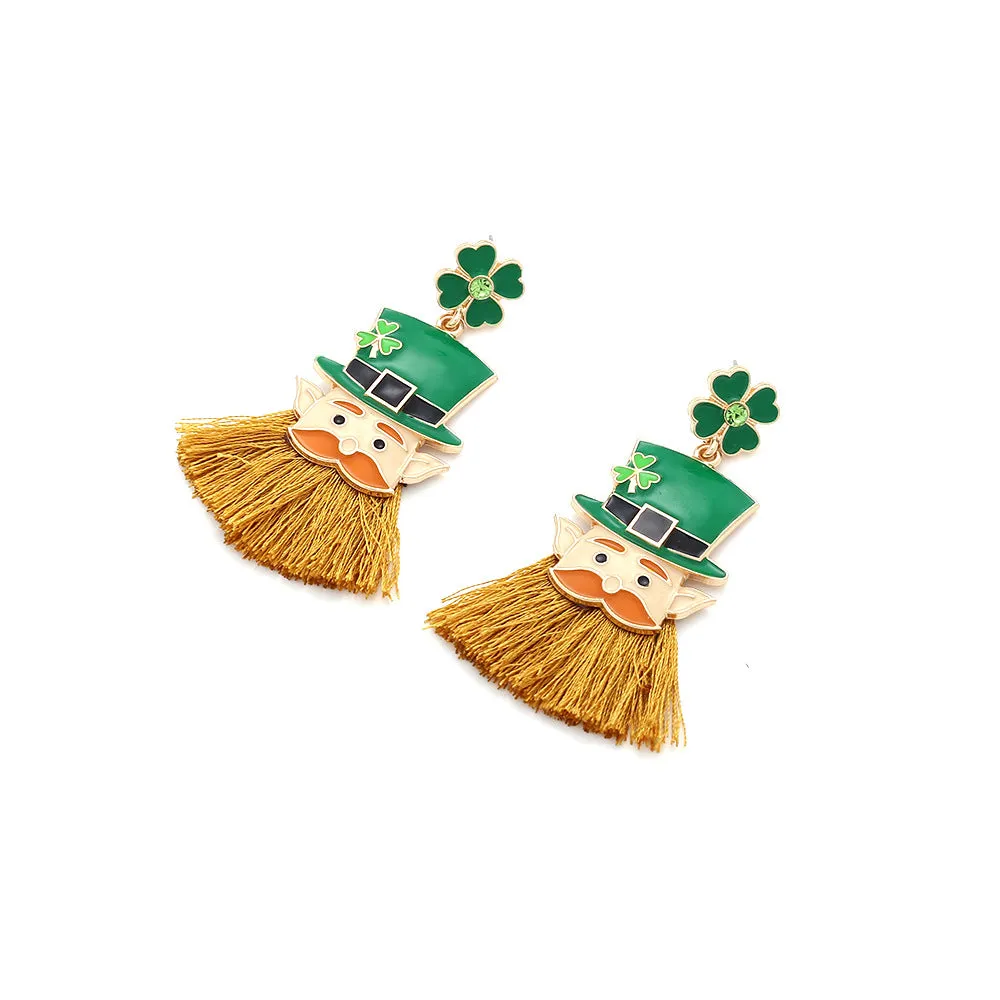 Wholesale St. Patrick's Clover Hat Beard Alloy Oil Drop Diamond Earrings