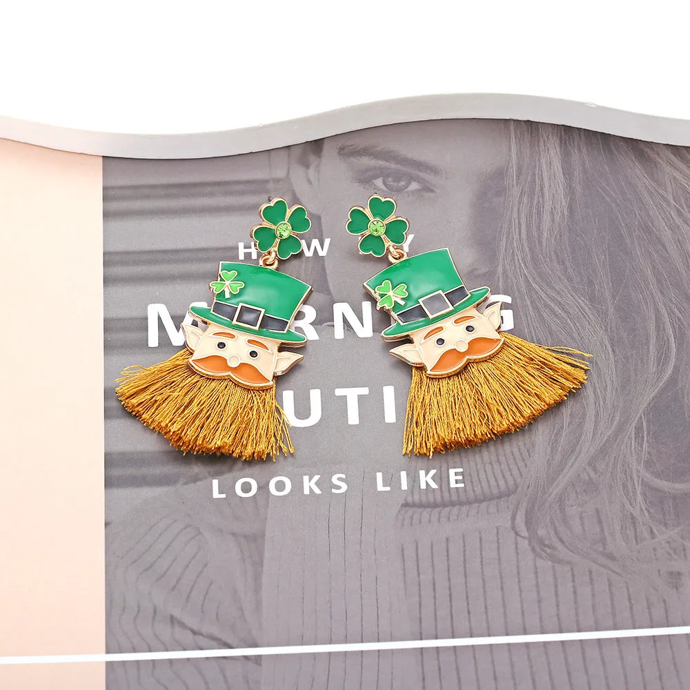 Wholesale St. Patrick's Clover Hat Beard Alloy Oil Drop Diamond Earrings