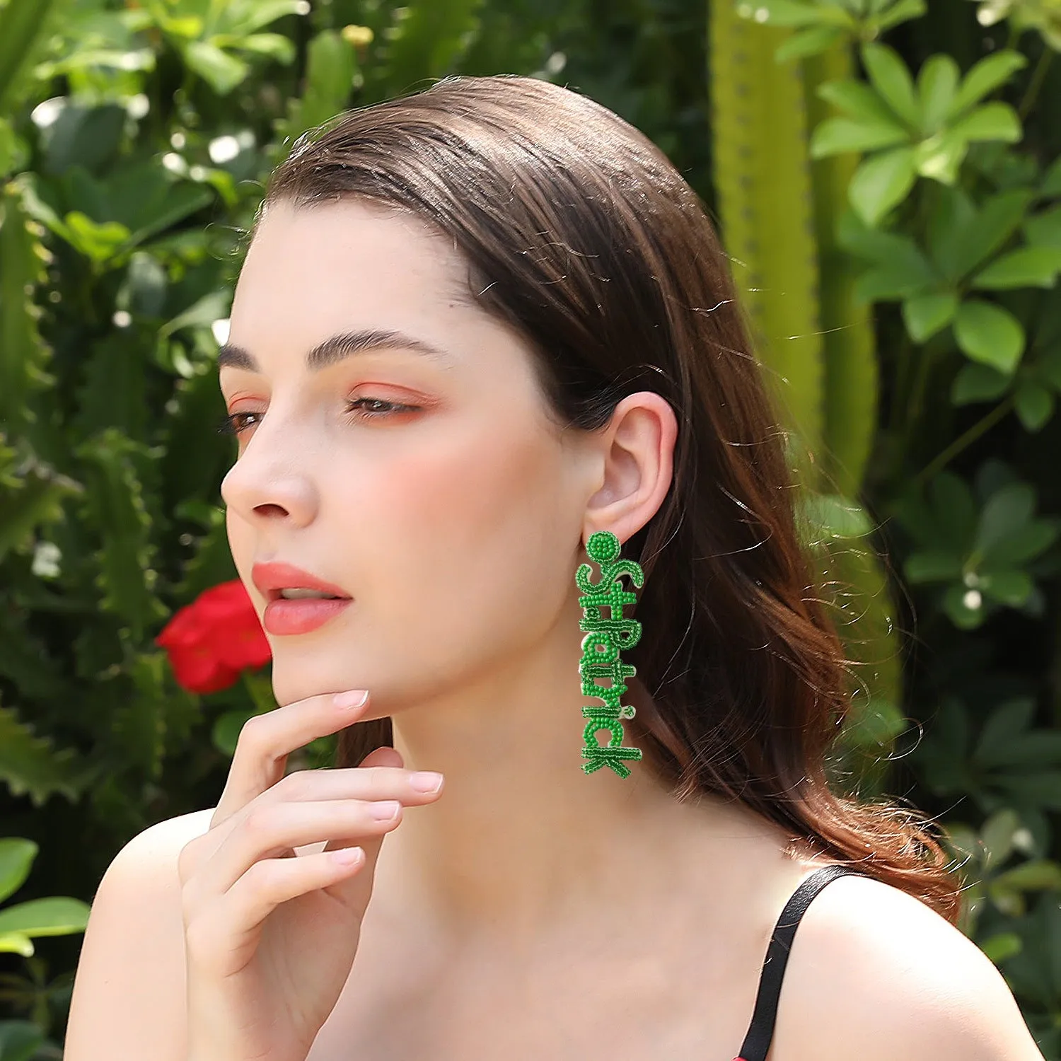 Wholesale St. Patrick's Day Green Letter Rice Beads Earrings
