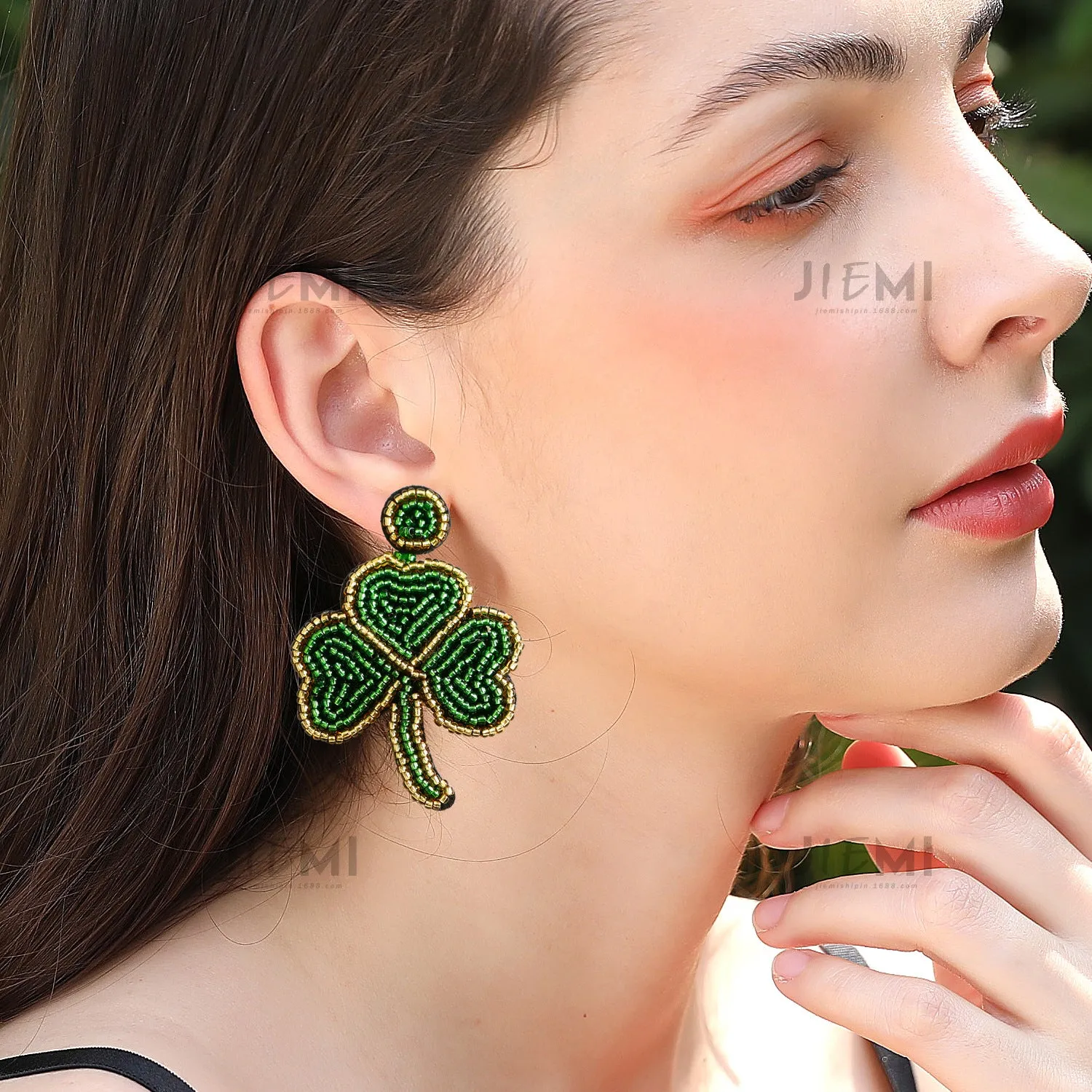 Wholesale St. Patrick's Day Green Shamrock Rice Beads Earrings