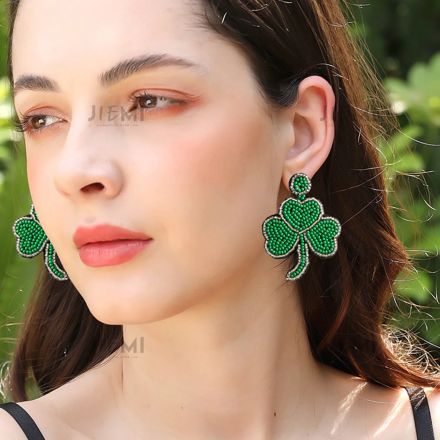 Wholesale St. Patrick's Day Green Shamrock Rice Beads Earrings