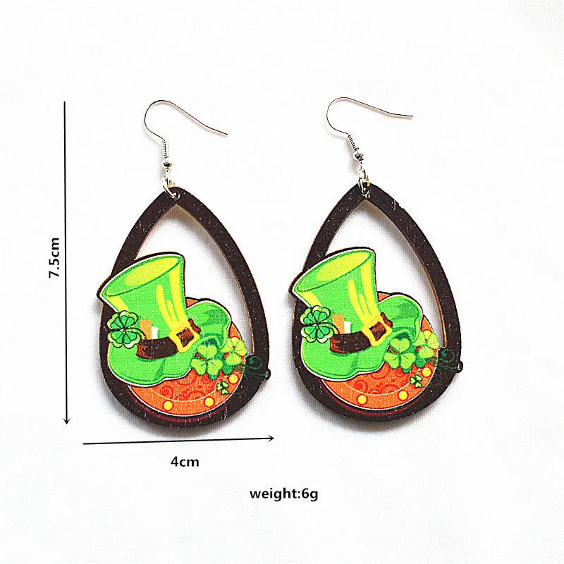 Wholesale St. Patrick's Day Shamrock Green Rainbow Gnome Wooden Earrings