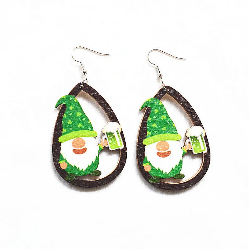 Wholesale St. Patrick's Day Shamrock Green Rainbow Gnome Wooden Earrings