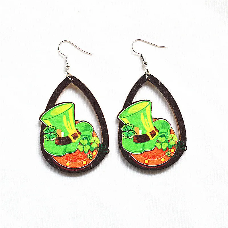 Wholesale St. Patrick's Day Shamrock Green Rainbow Gnome Wooden Earrings