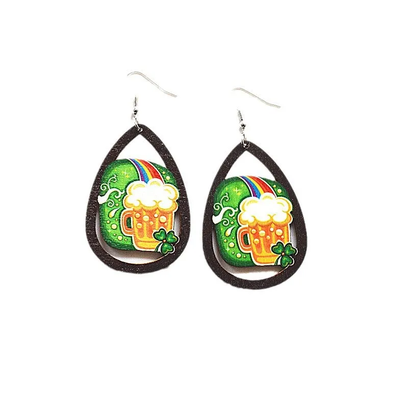 Wholesale St. Patrick's Day Shamrock Green Rainbow Gnome Wooden Earrings