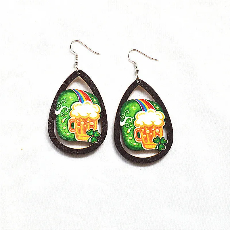 Wholesale St. Patrick's Day Shamrock Green Rainbow Gnome Wooden Earrings