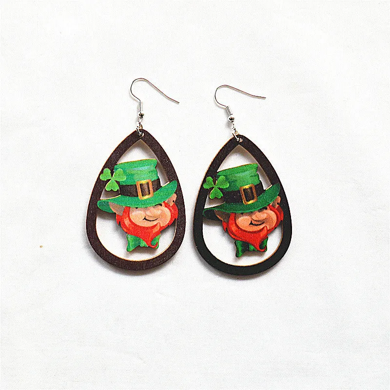 Wholesale St. Patrick's Day Shamrock Green Rainbow Gnome Wooden Earrings