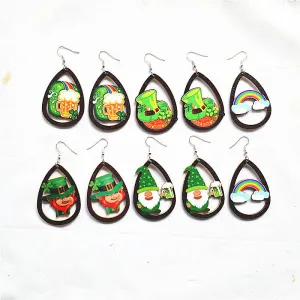 Wholesale St. Patrick's Day Shamrock Green Rainbow Gnome Wooden Earrings