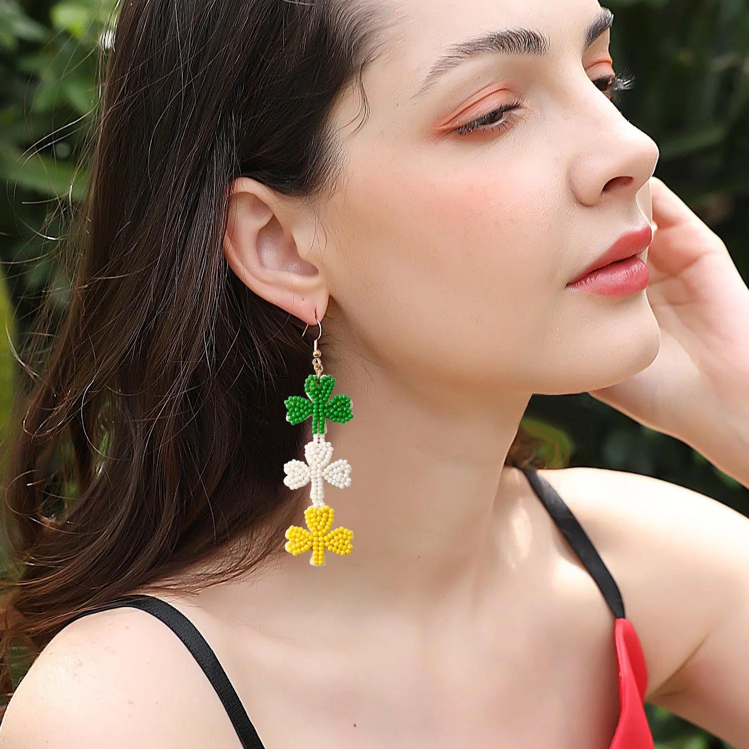 Wholesale St. Patrick's Day Shamrock Tricolor Rice Beads Earrings