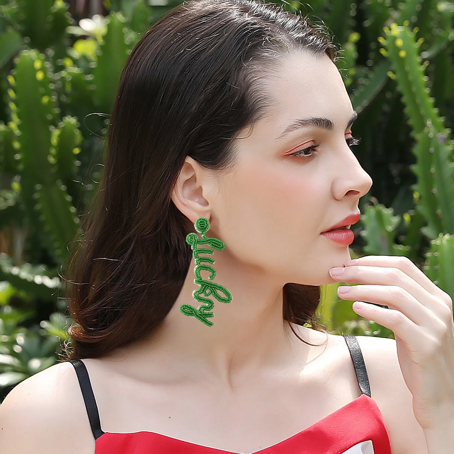 Wholesale St. Patrick's Day Simplified Letter Lucky Bead Earrings
