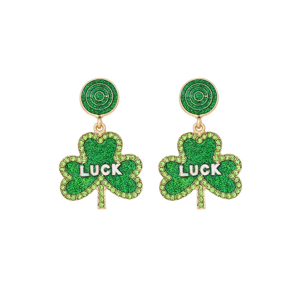 Wholesale St. Patrick's Four-leaf Clover Alloy Oil-drip Diamond LUCK Earrings