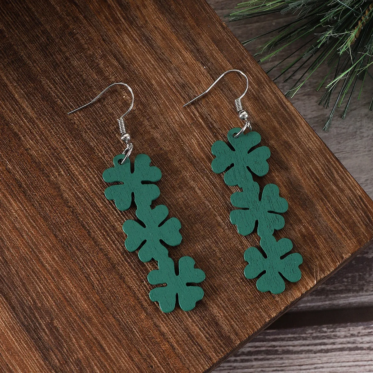 Wholesale St. Patrick's Four Leaf Clover Wooden Earrings