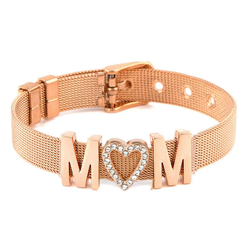 Wholesale Stainless Steel Mesh Adjustable Length Strap Style Diamond Love Letter MOM Mother's Day Bracelet