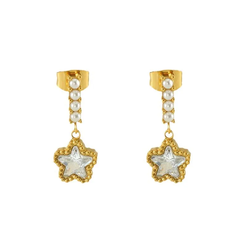 Wholesale Stainless Steel Pearl Zircon Star Earrings