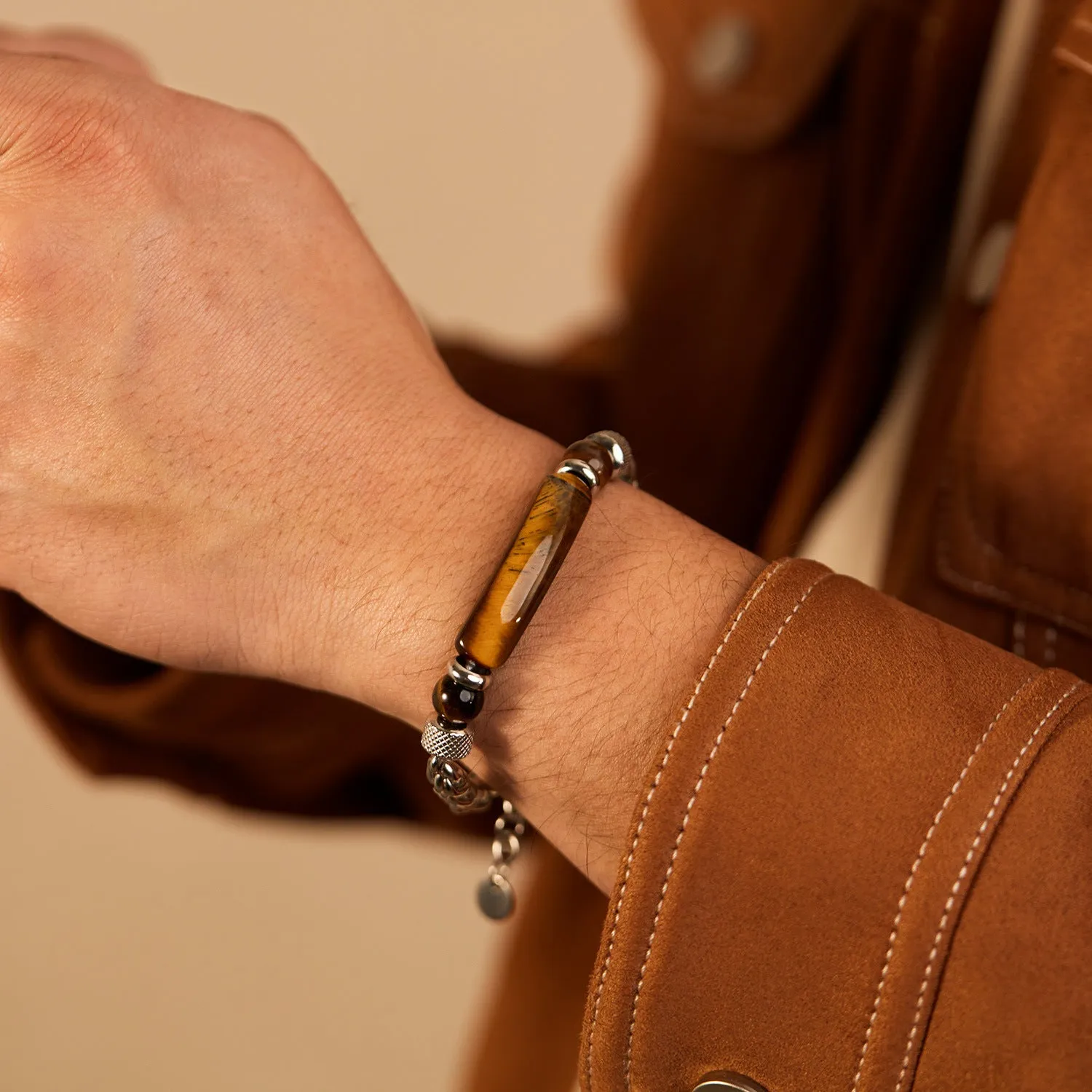 Wholesale Stainless steel titanium steel tiger eye stone fashion retro chain splicing men's bracelet