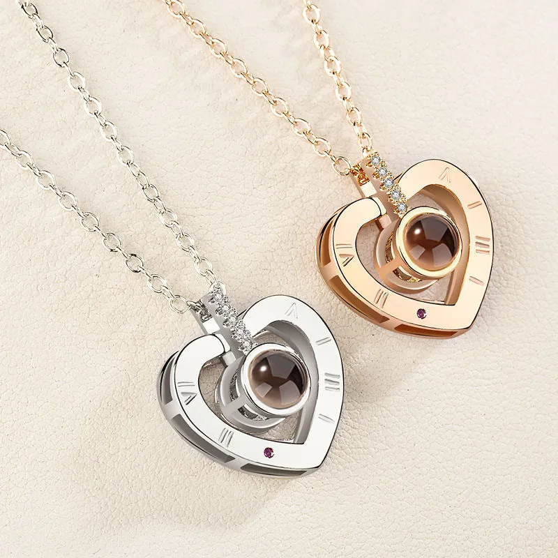 Wholesale Sterling silver creative diamond 100 languages I love you love heart projection clavicle necklace