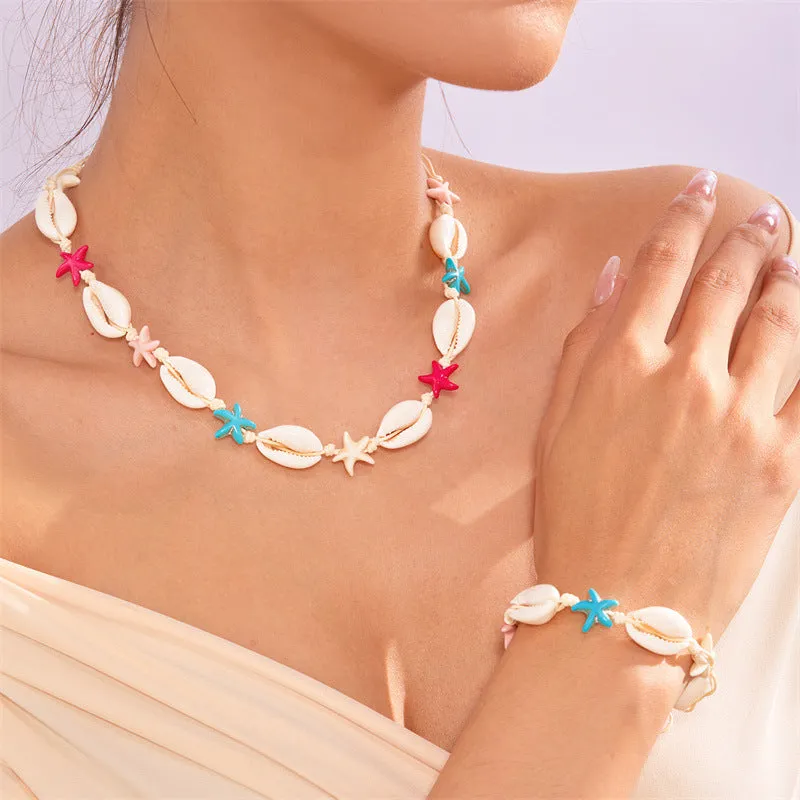 Wholesale Summer Bohemian Colorful Starfish Shell Braided Bracelet Necklace Set