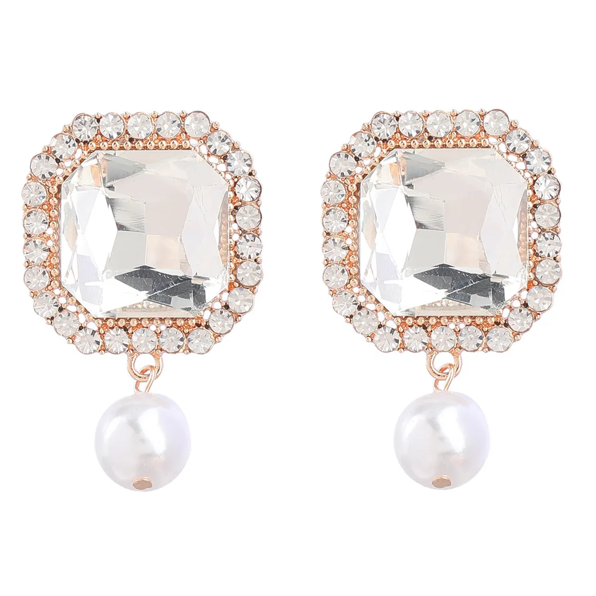 Wholesale Super Flash Claw Chain Square Alloy Diamond Pearl Earrings