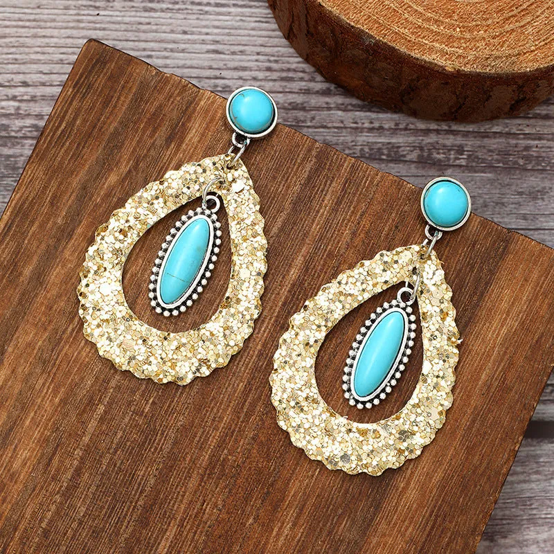 Wholesale Super Shiny Hollow Teardrop Shape Natural Turquoise Earrings