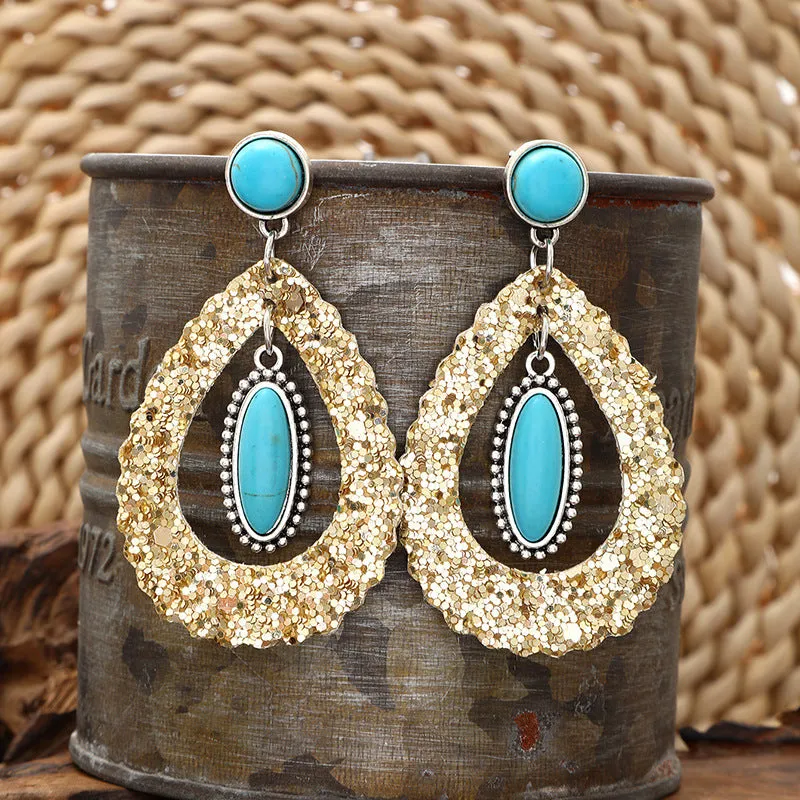 Wholesale Super Shiny Hollow Teardrop Shape Natural Turquoise Earrings