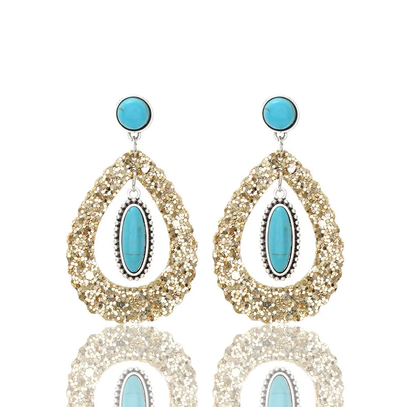 Wholesale Super Shiny Hollow Teardrop Shape Natural Turquoise Earrings