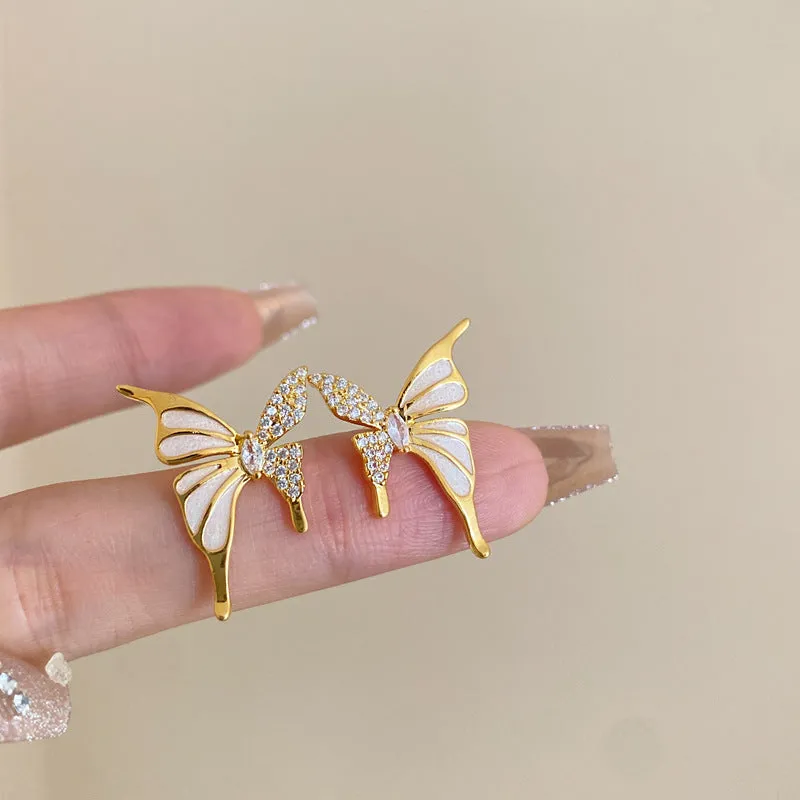 Wholesale Symmetrical Oil Dripping Butterfly Diamond 925 Silver Needle Earrings