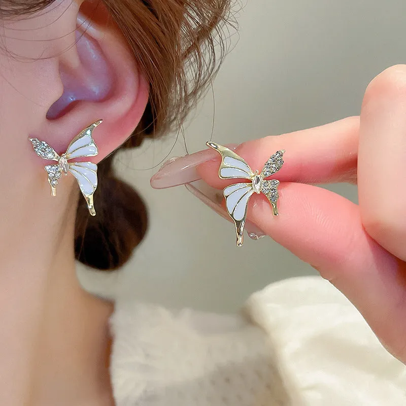 Wholesale Symmetrical Oil Dripping Butterfly Diamond 925 Silver Needle Earrings