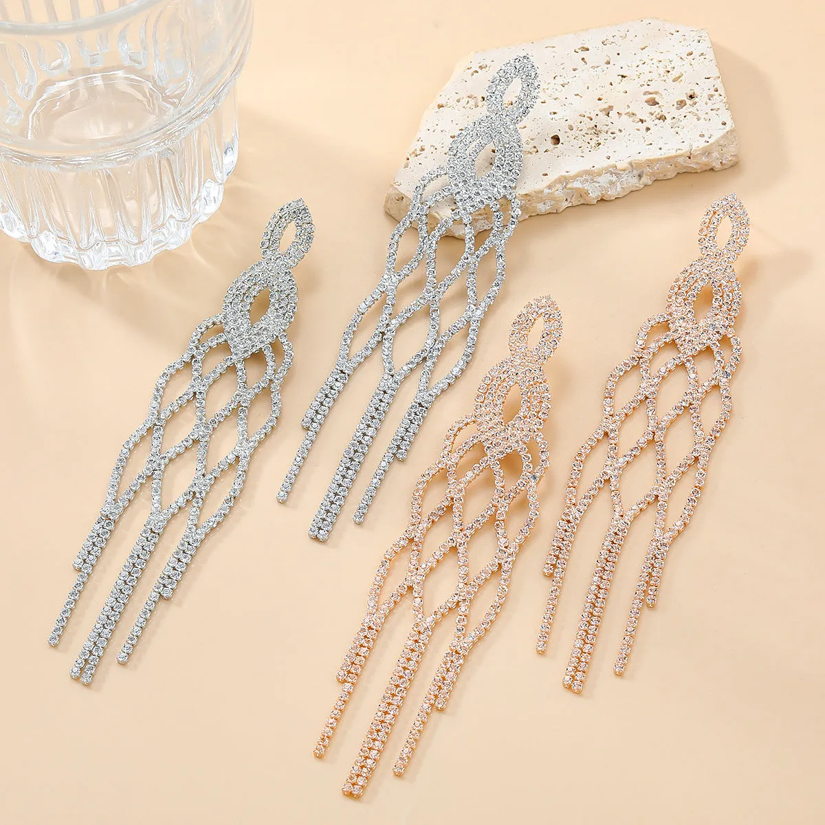 Wholesale Tassel Full Diamond Mesh Exaggerated Claw Chain Long Zircon Earrings