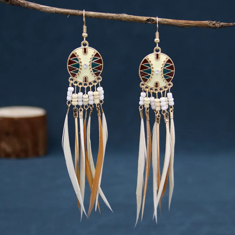 Wholesale Tassel Thin Feather Long Ethnic Style Earrings