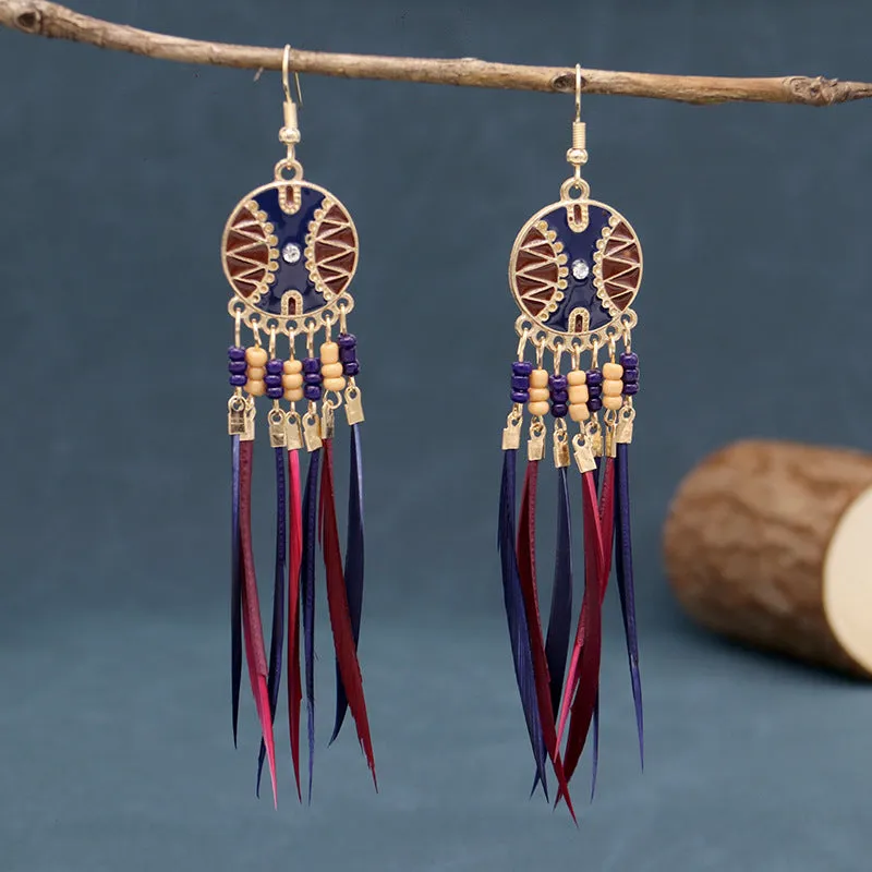 Wholesale Tassel Thin Feather Long Ethnic Style Earrings