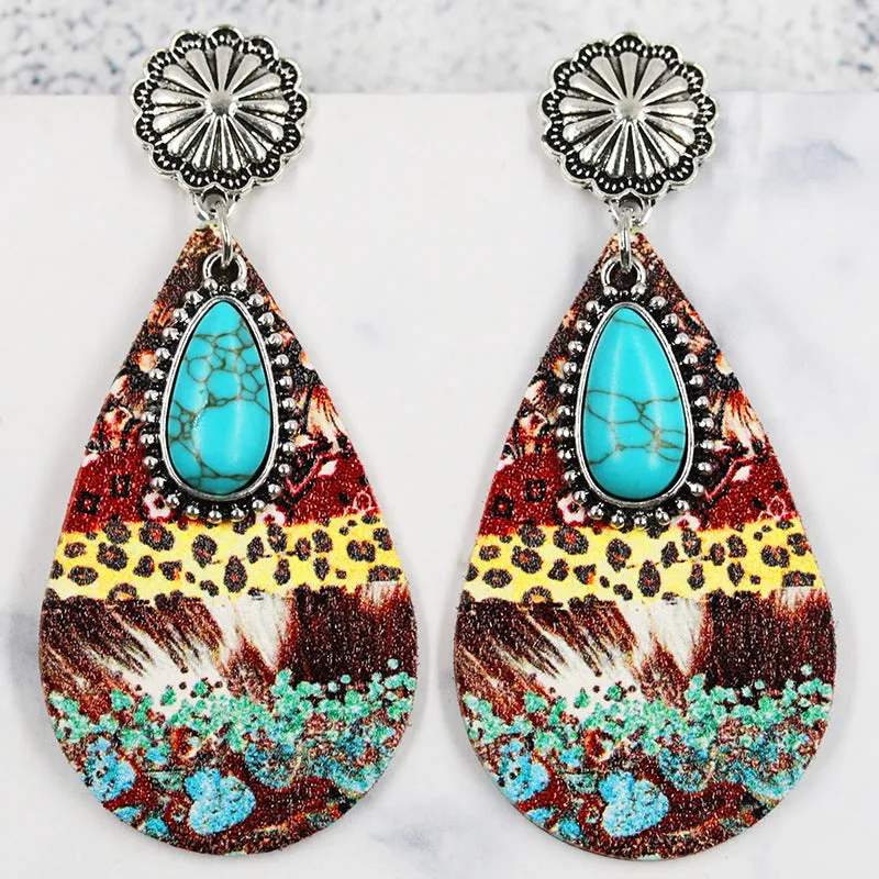 Wholesale Teardrop Leather Turquoise Vintage Ethnic Fashion Western Bohemian Earrings