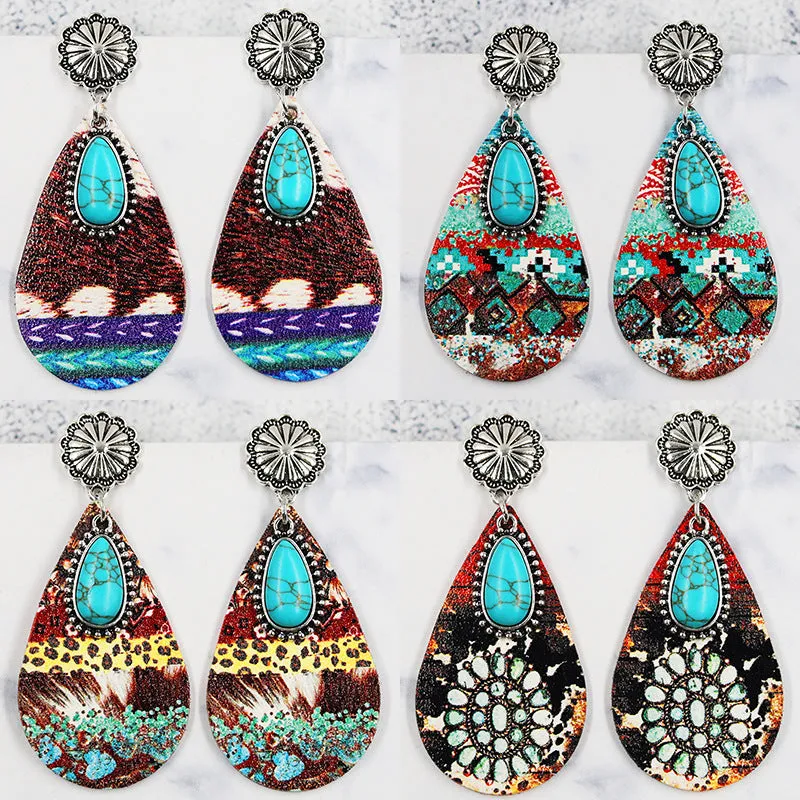 Wholesale Teardrop Leather Turquoise Vintage Ethnic Fashion Western Bohemian Earrings