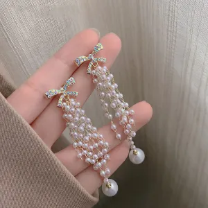 Wholesale Temperament Long Pearl Tassel Women's Fashion Versatile Light Luxury Niche Design Bow Stud Earrings