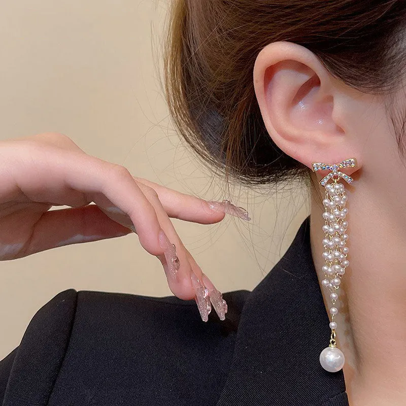 Wholesale Temperament Long Pearl Tassel Women's Fashion Versatile Light Luxury Niche Design Bow Stud Earrings
