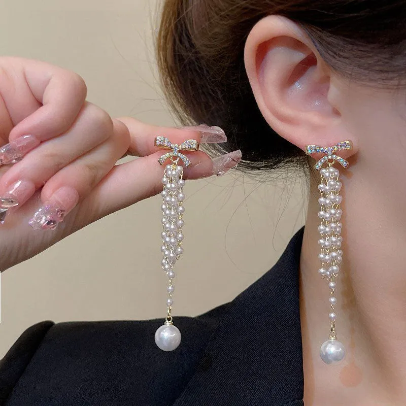 Wholesale Temperament Long Pearl Tassel Women's Fashion Versatile Light Luxury Niche Design Bow Stud Earrings