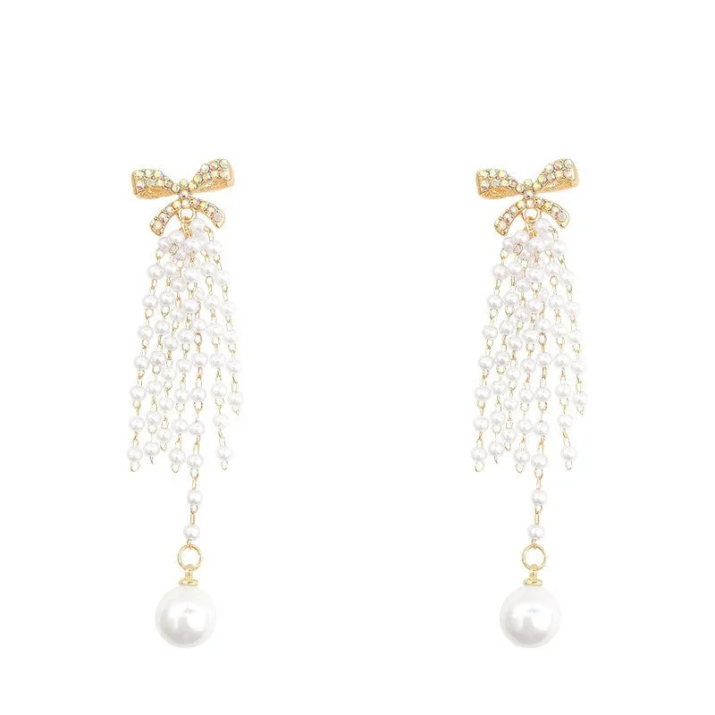 Wholesale Temperament Long Pearl Tassel Women's Fashion Versatile Light Luxury Niche Design Bow Stud Earrings