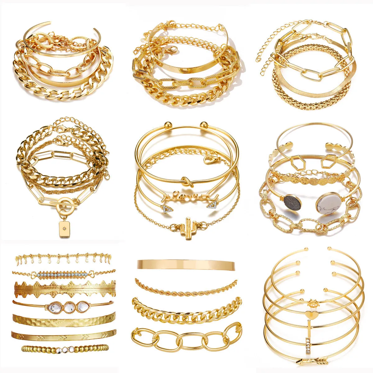 Wholesale Thick Chain Multi-layer Open Alloy Bracelet Set