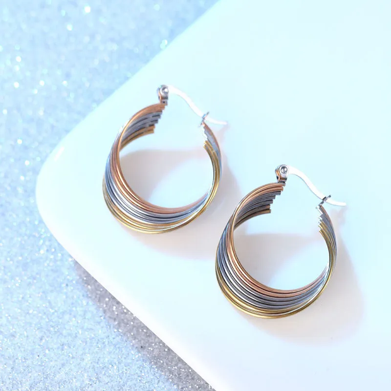 Wholesale Three Color Multi-layer Stainless Steel Earrings with Lines