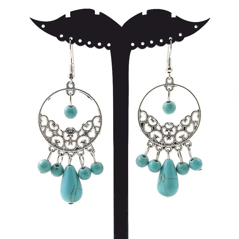 Wholesale Tibetan Nepal Ethnic Minority Vintage Miao Silver Turquoise Earrings