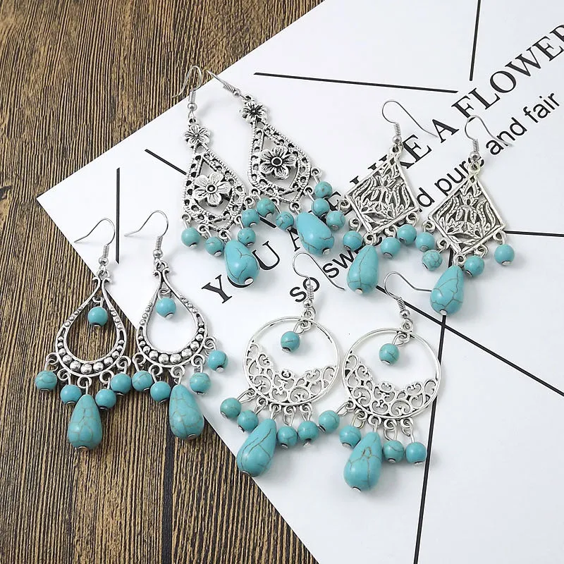 Wholesale Tibetan Nepal Ethnic Minority Vintage Miao Silver Turquoise Earrings