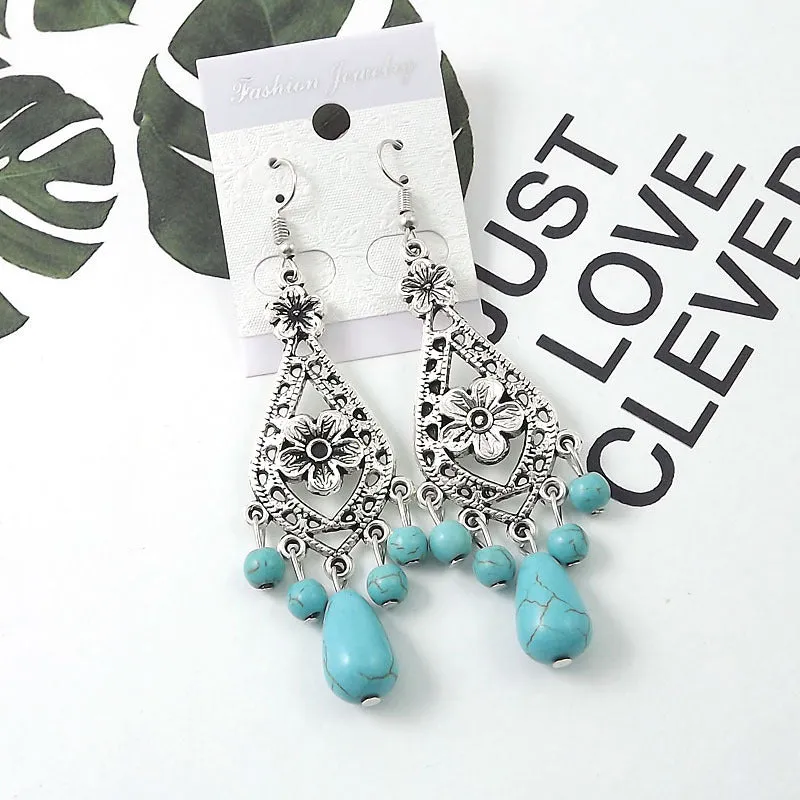 Wholesale Tibetan Nepal Ethnic Minority Vintage Miao Silver Turquoise Earrings