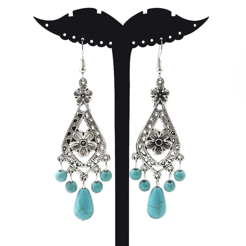 Wholesale Tibetan Nepal Ethnic Minority Vintage Miao Silver Turquoise Earrings
