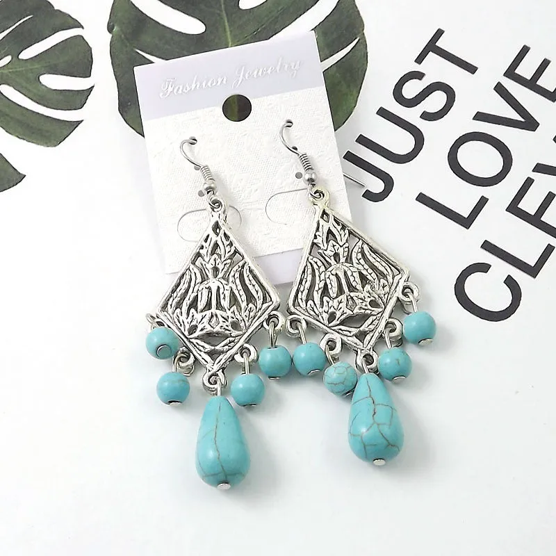 Wholesale Tibetan Nepal Ethnic Minority Vintage Miao Silver Turquoise Earrings
