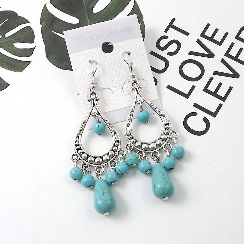 Wholesale Tibetan Nepal Ethnic Minority Vintage Miao Silver Turquoise Earrings